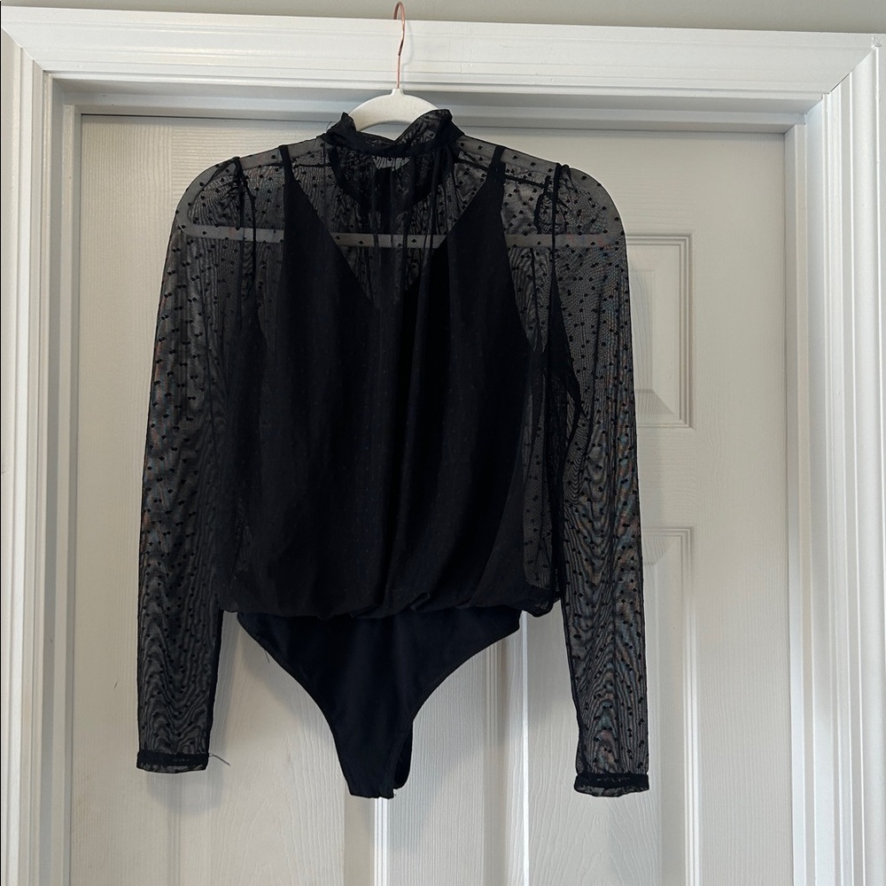 Free People Sheer Black Long Sleeve Bodysuit